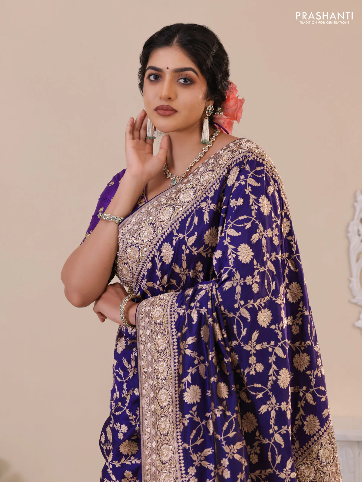 Violet Banarasi Uppada silk saree with allover zari weaves & embroidery border - Image 2