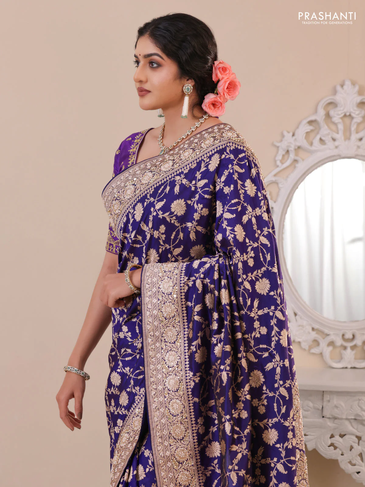 Violet Banarasi Uppada silk saree with allover zari weaves & embroidery border - Image 3