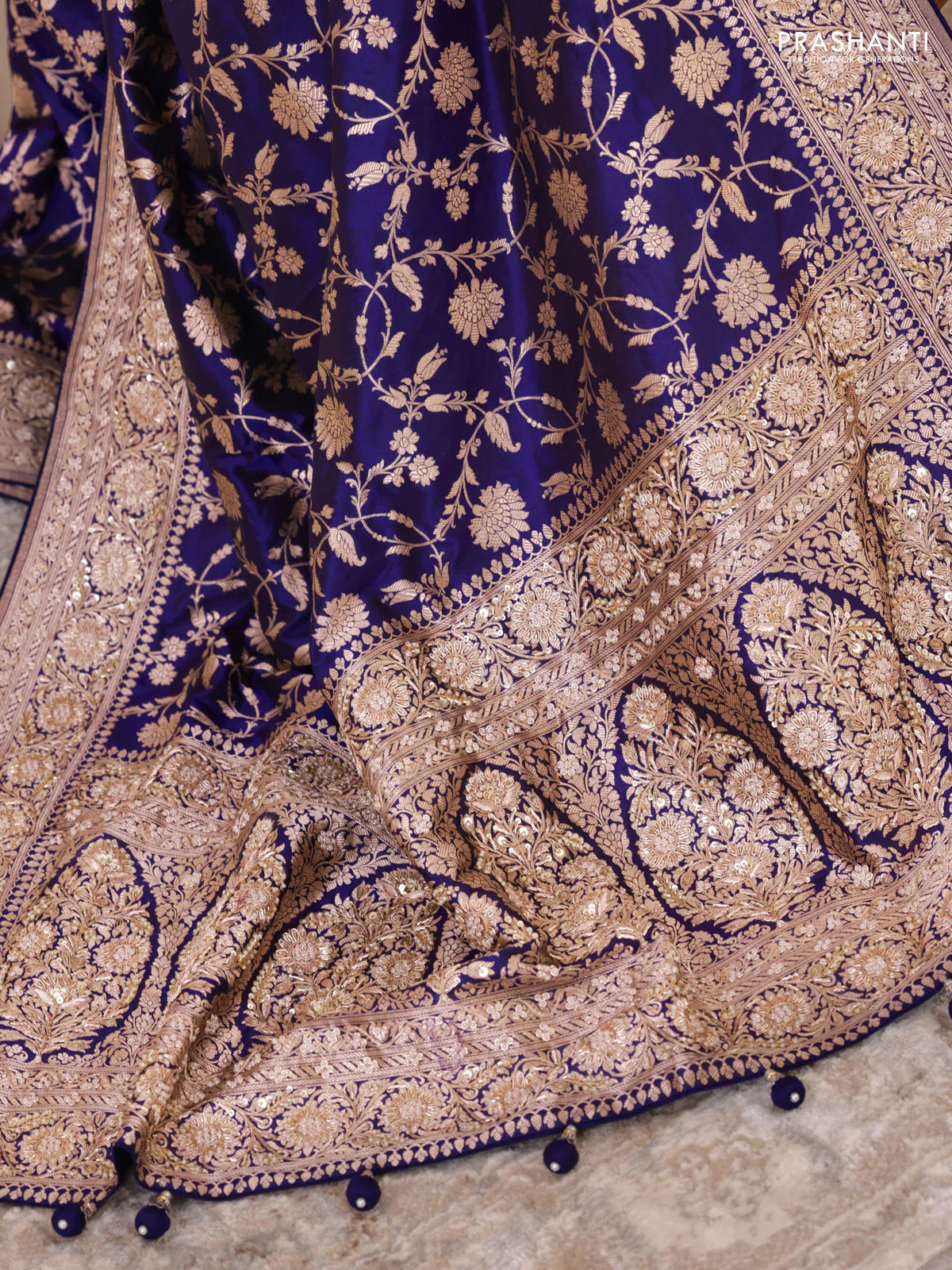 Violet Banarasi Uppada silk saree with allover zari weaves & embroidery border - Image 4