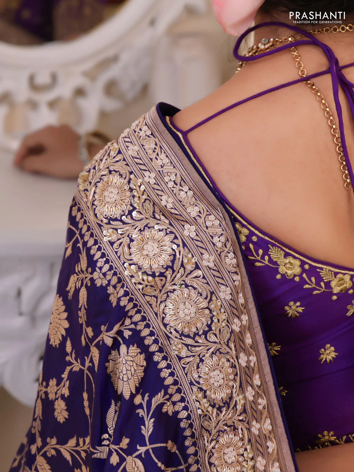 Violet Banarasi Uppada silk saree with allover zari weaves & embroidery border - Image 5