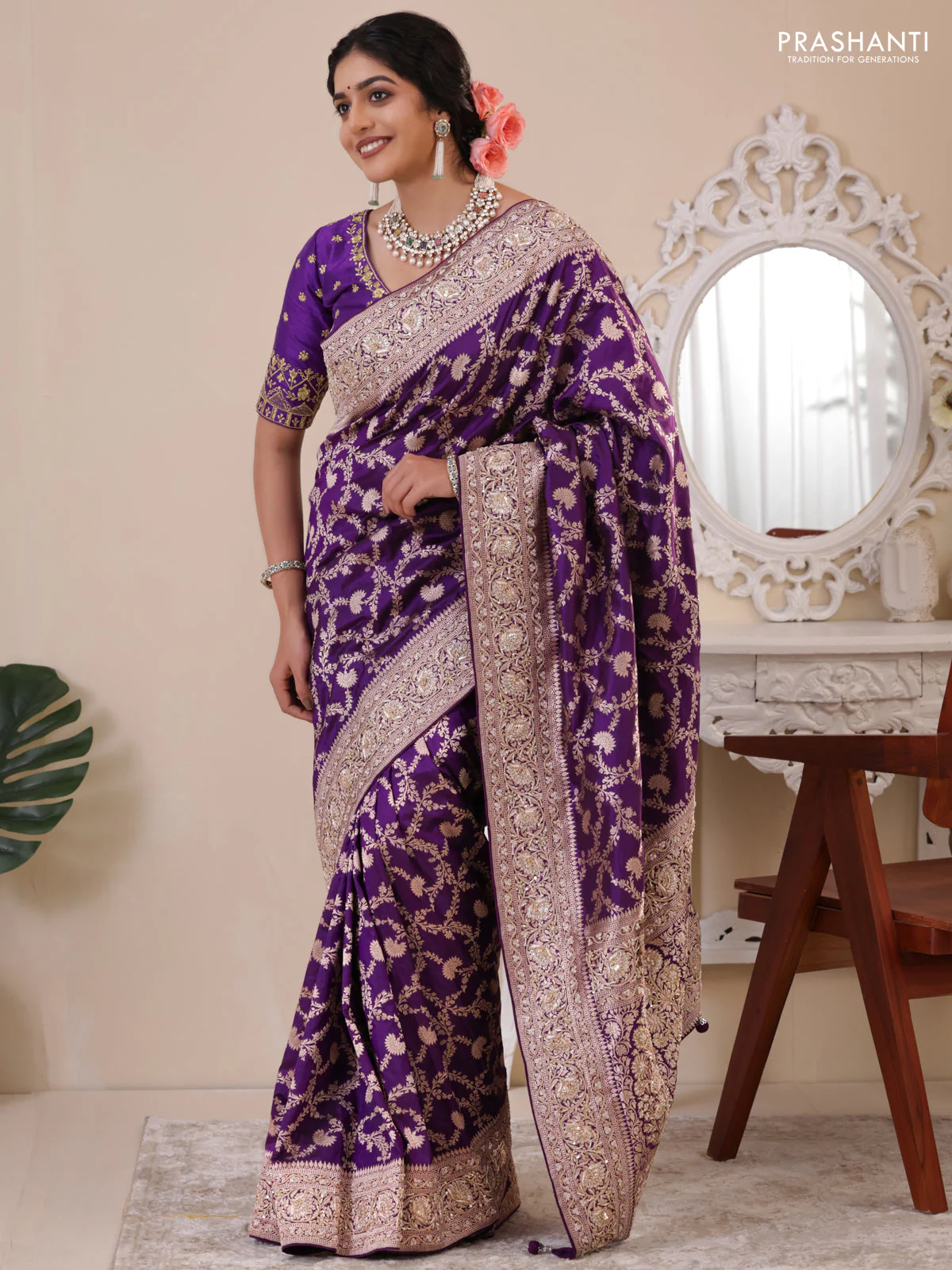 Violet Banarasi Uppada silk saree with allover zari weaves & embroidery border