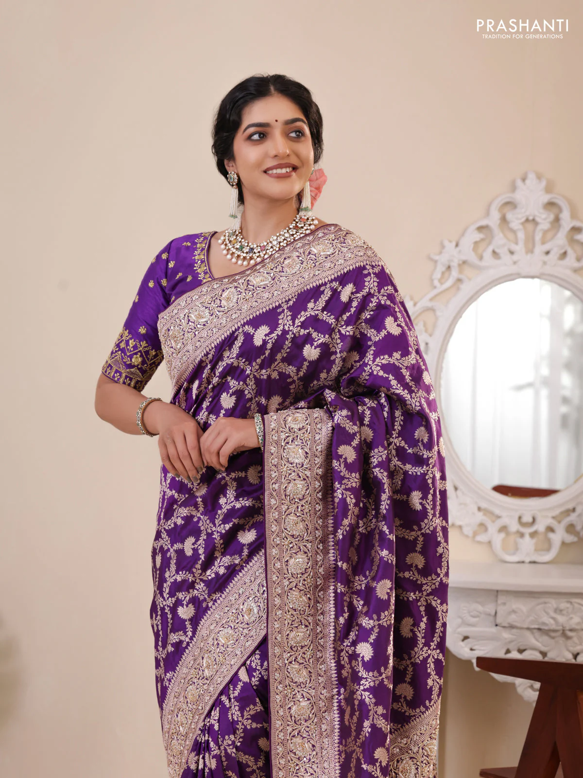 Violet Banarasi Uppada silk saree with allover zari weaves & embroidery border - Image 2