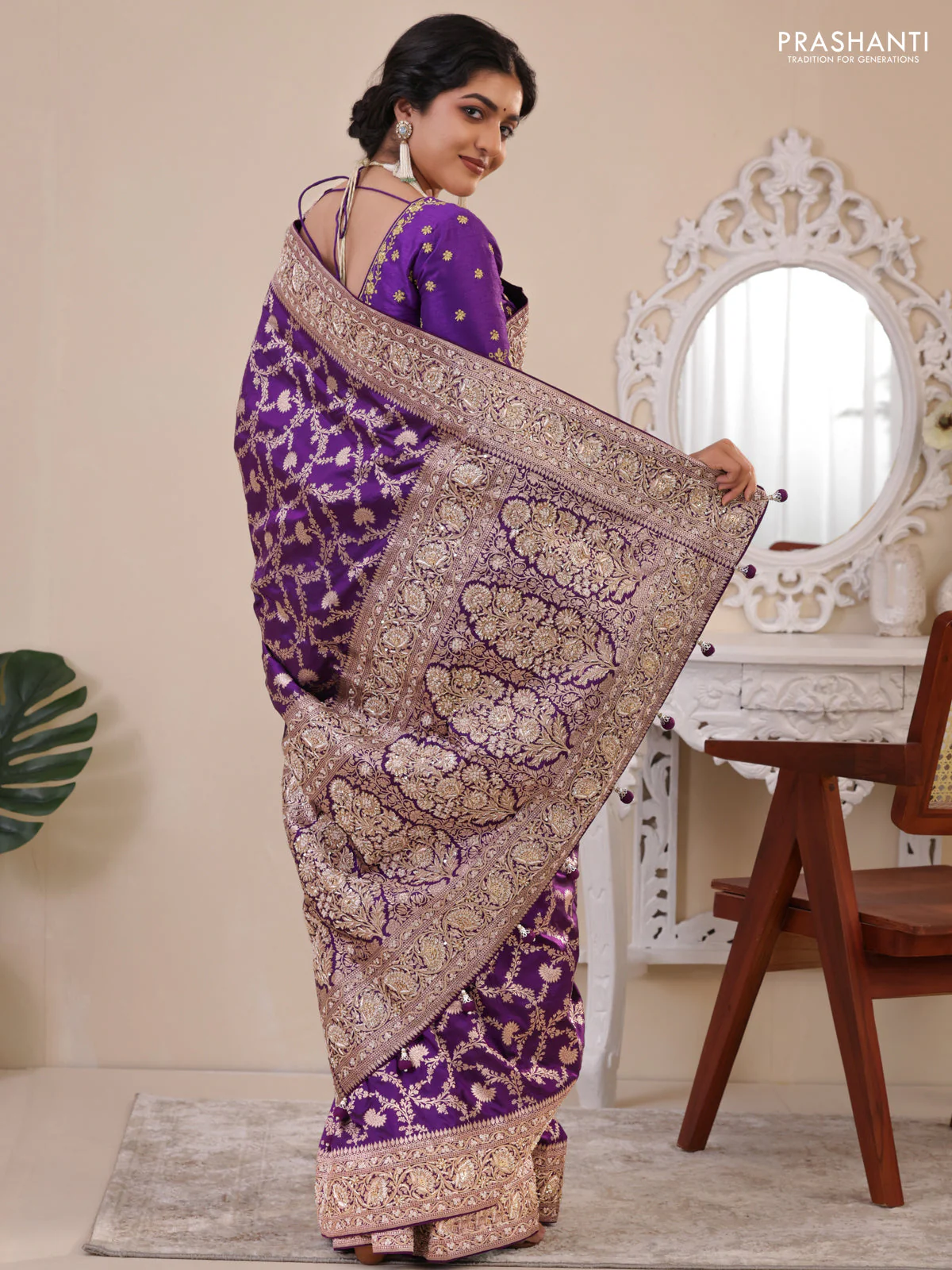 Violet Banarasi Uppada silk saree with allover zari weaves & embroidery border - Image 3