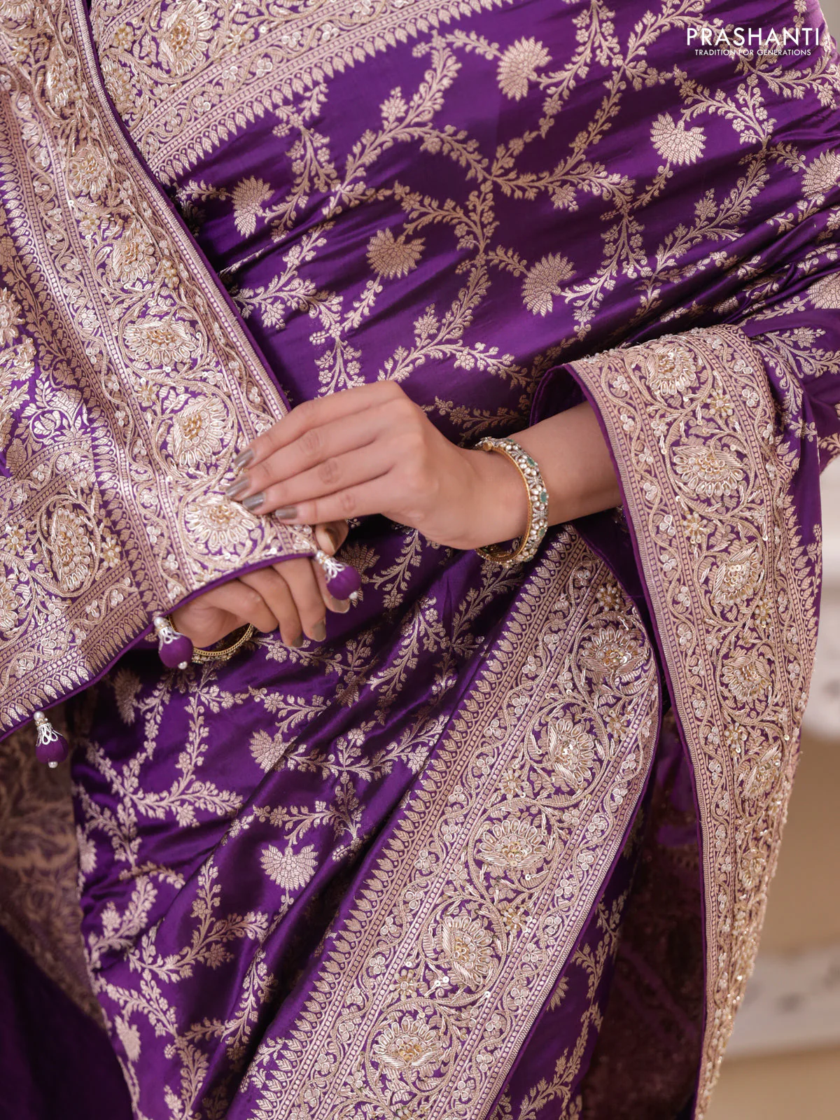 Violet Banarasi Uppada silk saree with allover zari weaves & embroidery border - Image 5