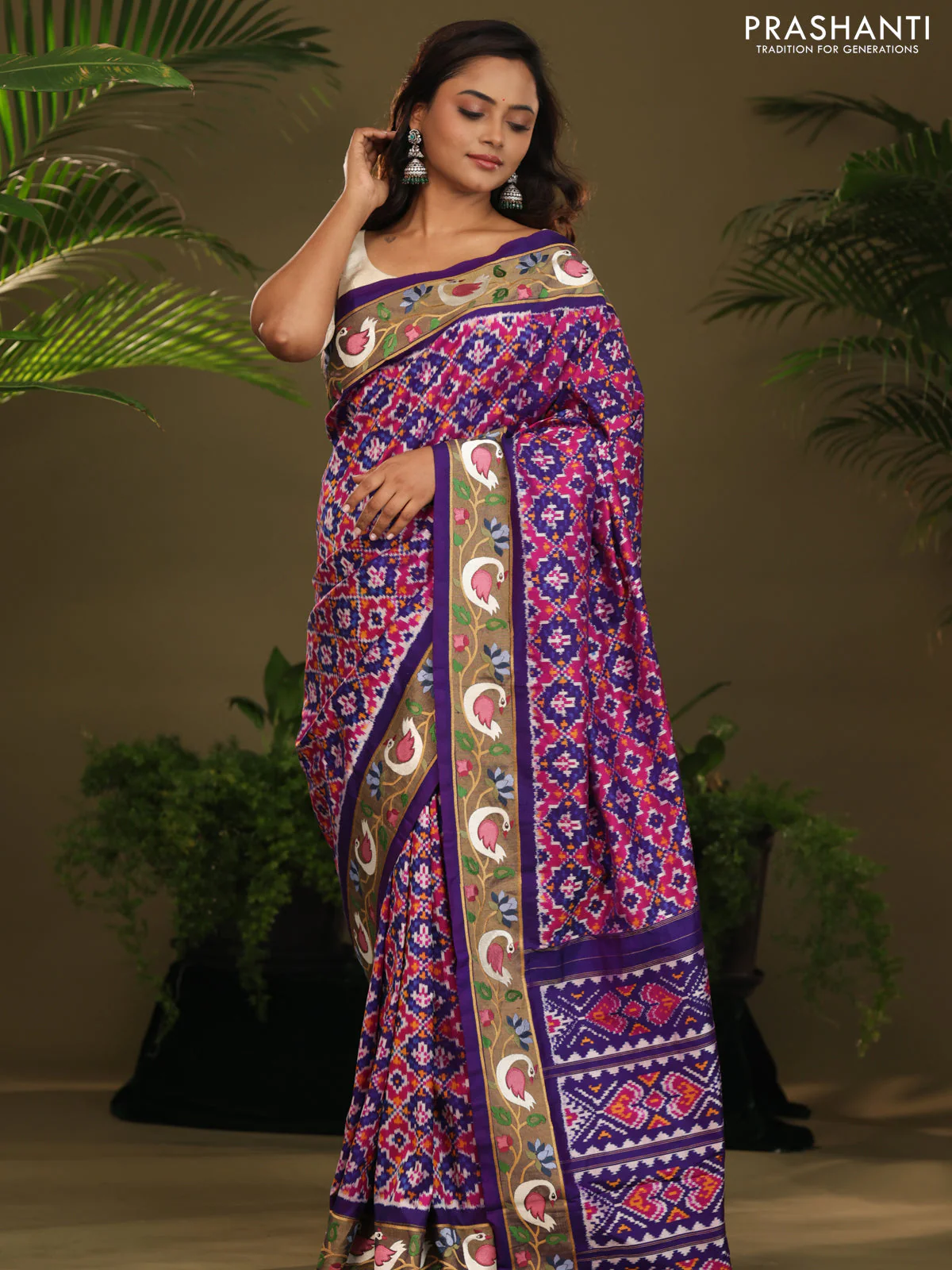 Violet & Pink Pochampally Silk saree with Border Embroidery - Image 2