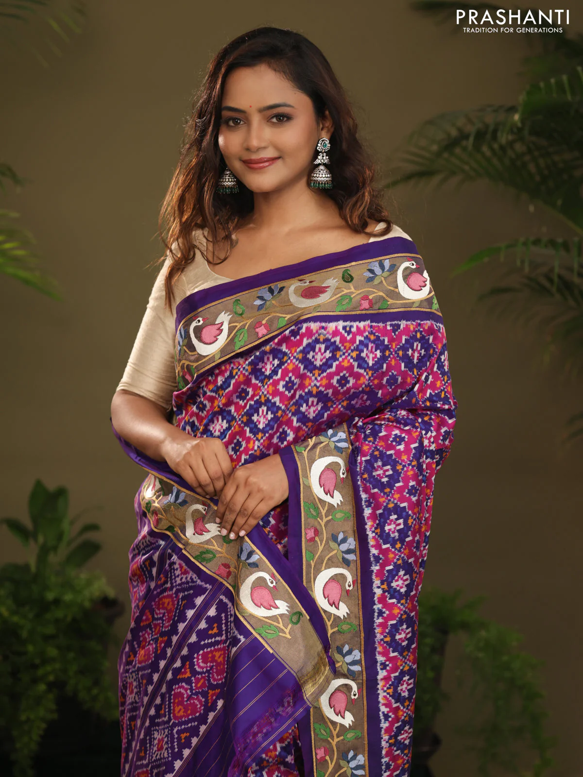 Violet & Pink Pochampally Silk saree with Border Embroidery - Image 5