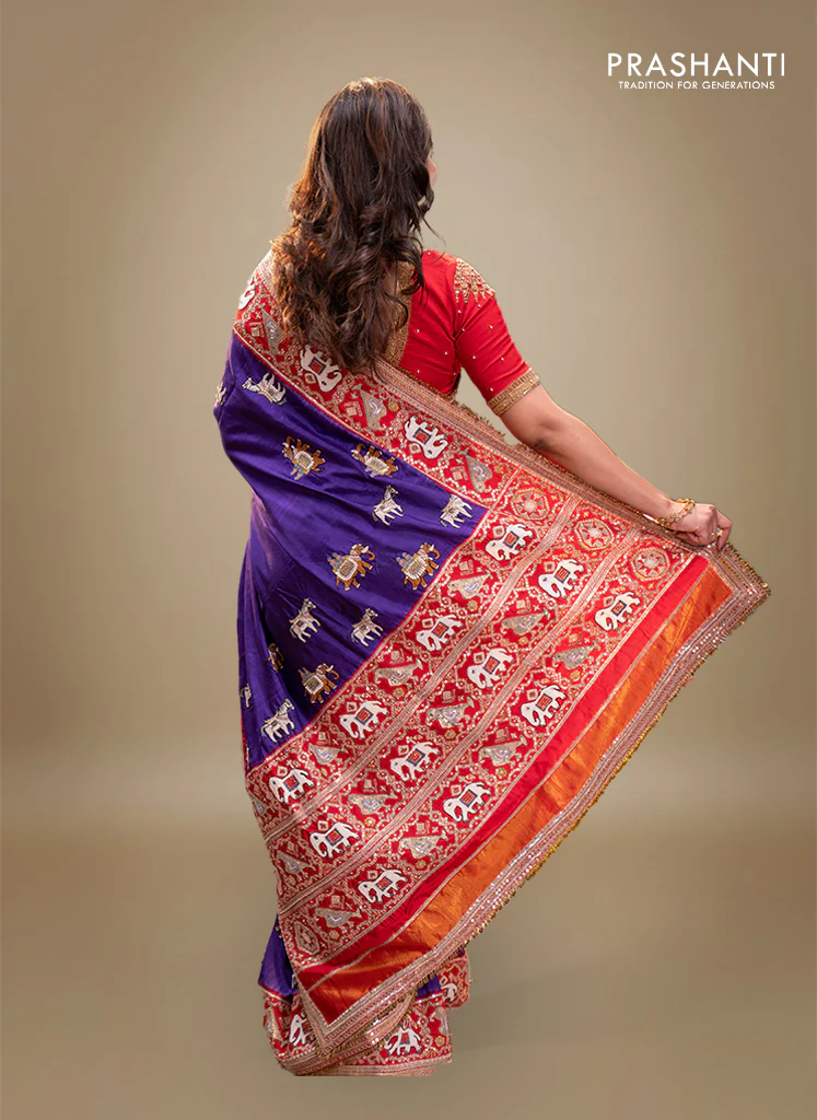 Violet-Red Pure Patan Patola Silk Saree With Horse & Elephant Motifs And Intricate Embroidery Border & Work Blouse - Image 2