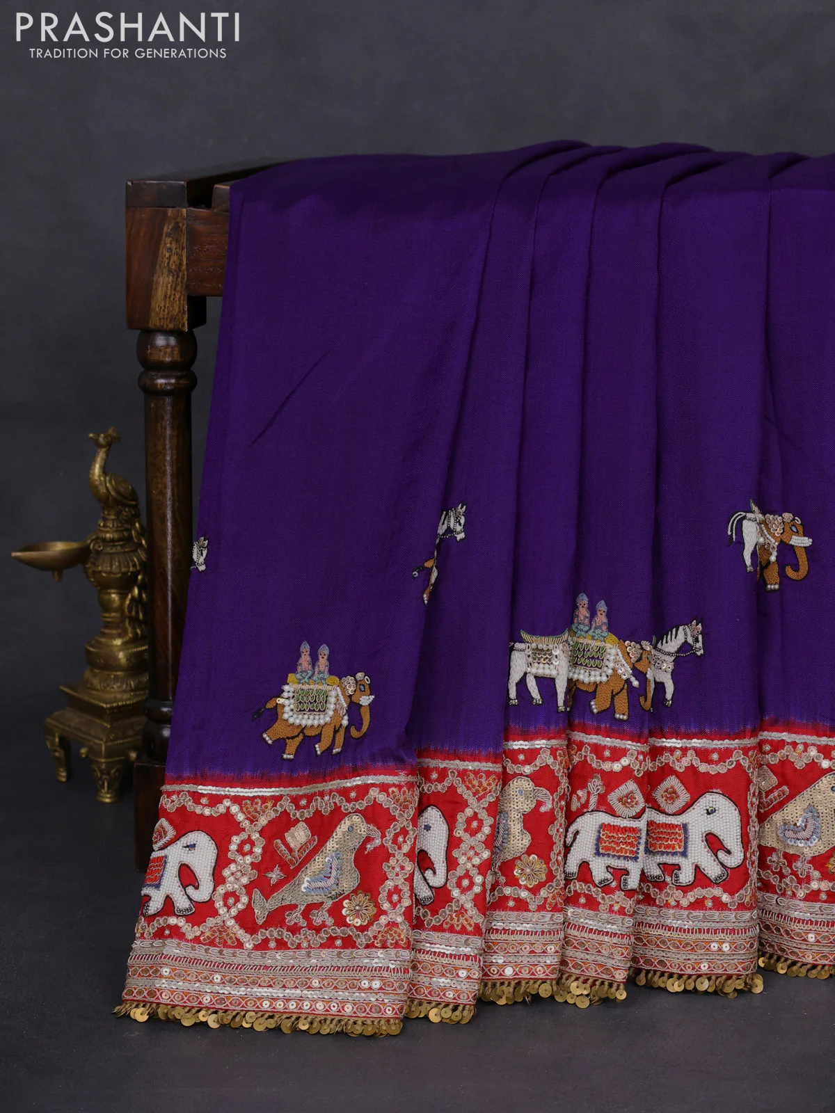 Violet-Red Pure Patan Patola Silk Saree With Horse & Elephant Motifs And Intricate Embroidery Border & Work Blouse - Image 3