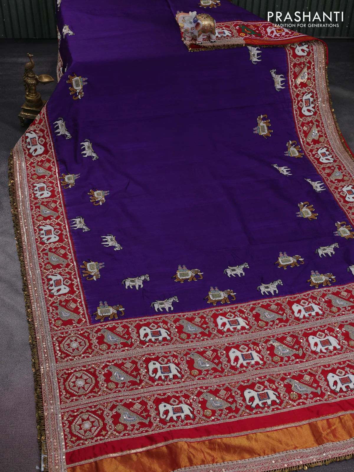 Violet-Red Pure Patan Patola Silk Saree With Horse & Elephant Motifs And Intricate Embroidery Border & Work Blouse - Image 4