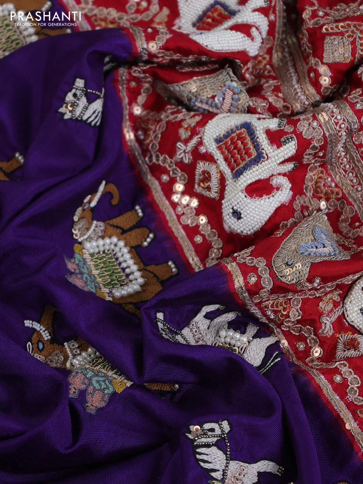 Violet-Red Pure Patan Patola Silk Saree With Horse & Elephant Motifs And Intricate Embroidery Border & Work Blouse - Image 5