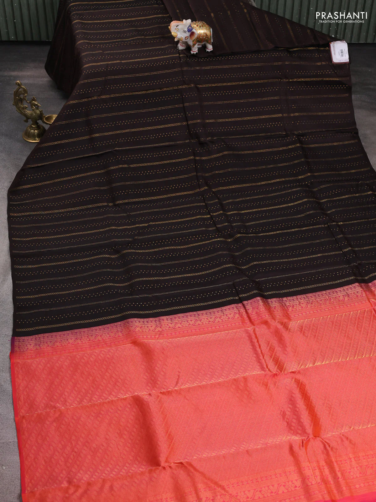 Wine shade Kanchipuram silk saree with matching antique necklace - Image 2