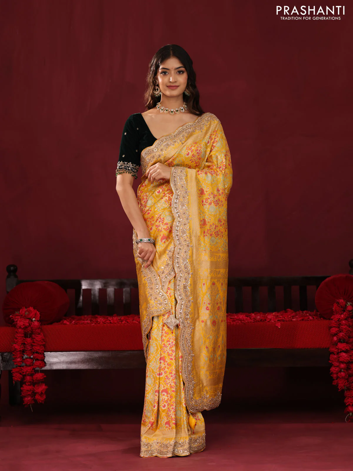 Yellow banarasi uppada silk saree with allover mina weaves & border embroidery - Image 2