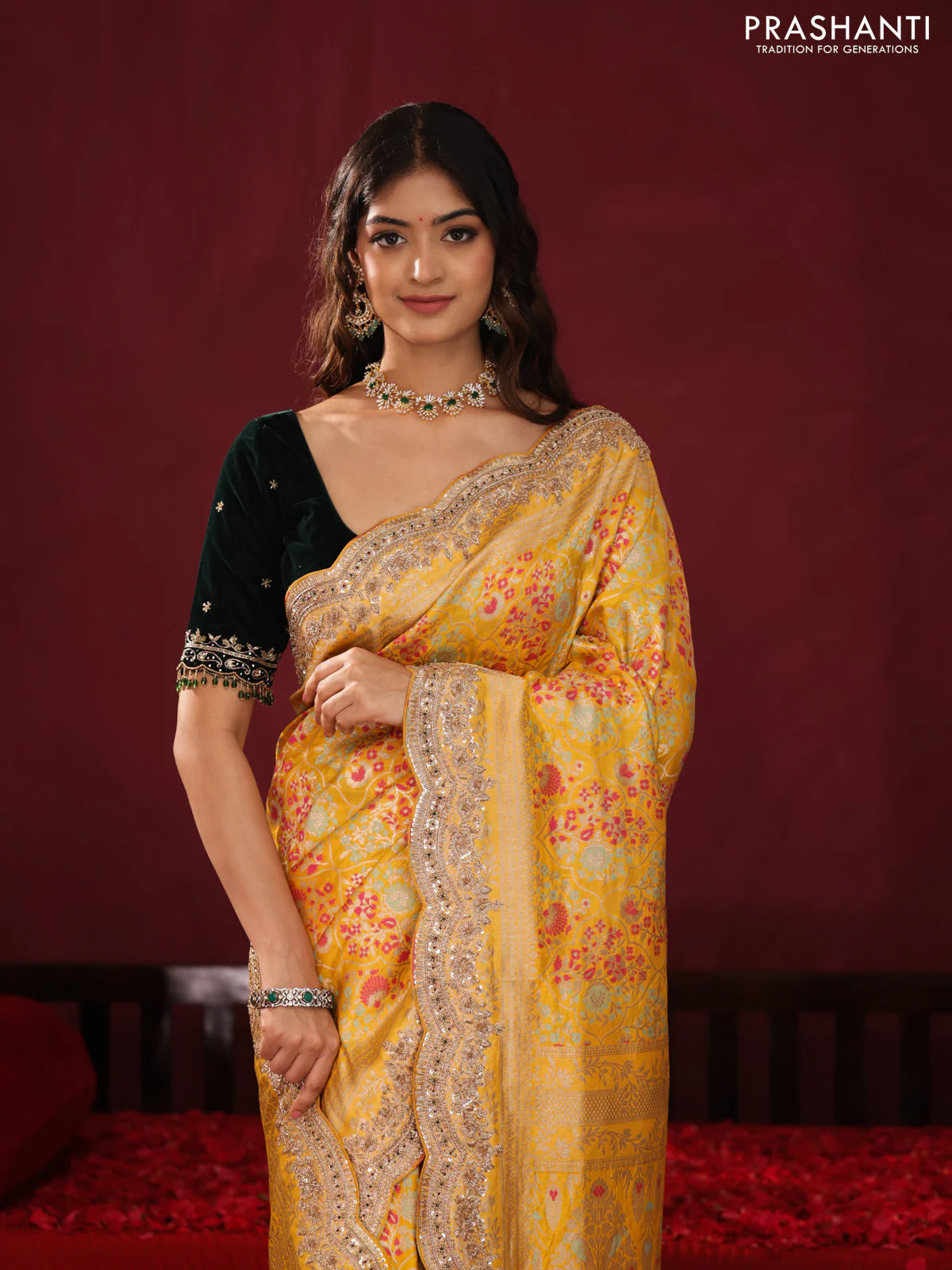 Yellow banarasi uppada silk saree with allover mina weaves & border embroidery - Image 3