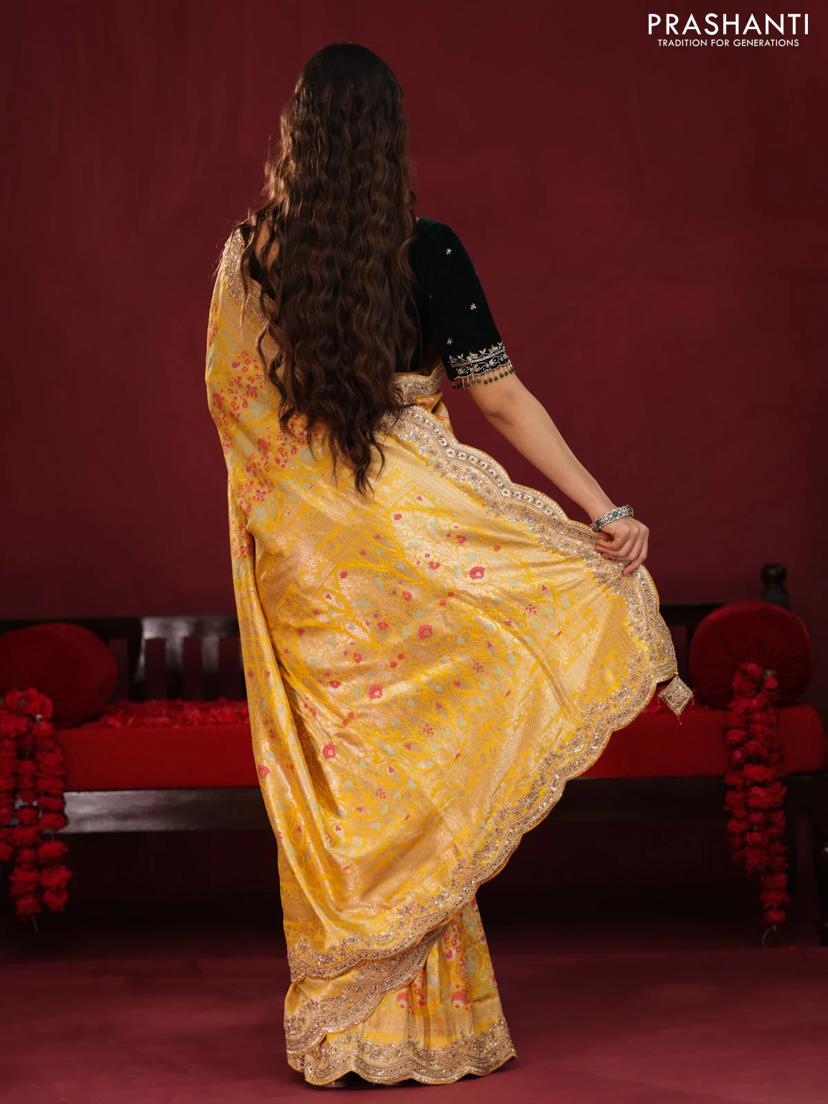 Yellow banarasi uppada silk saree with allover mina weaves & border embroidery - Image 4