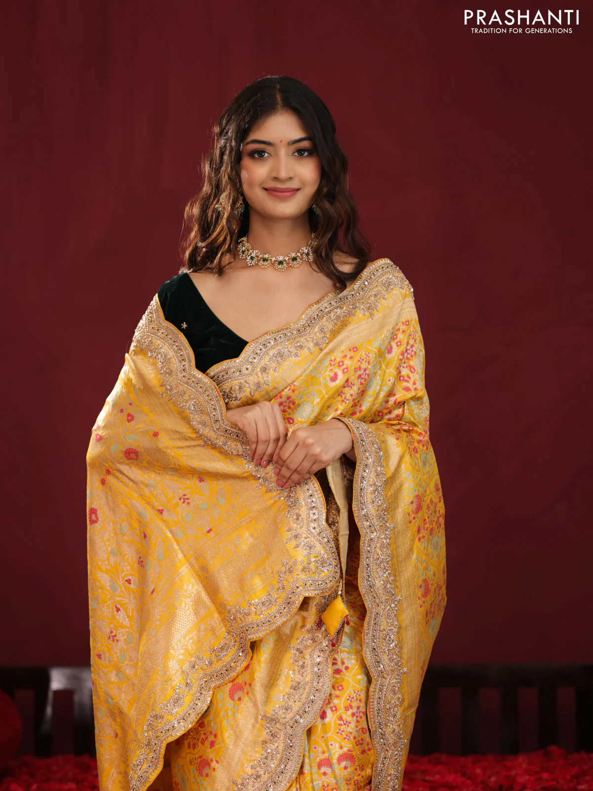 Yellow banarasi uppada silk saree with allover mina weaves & border embroidery - Image 5