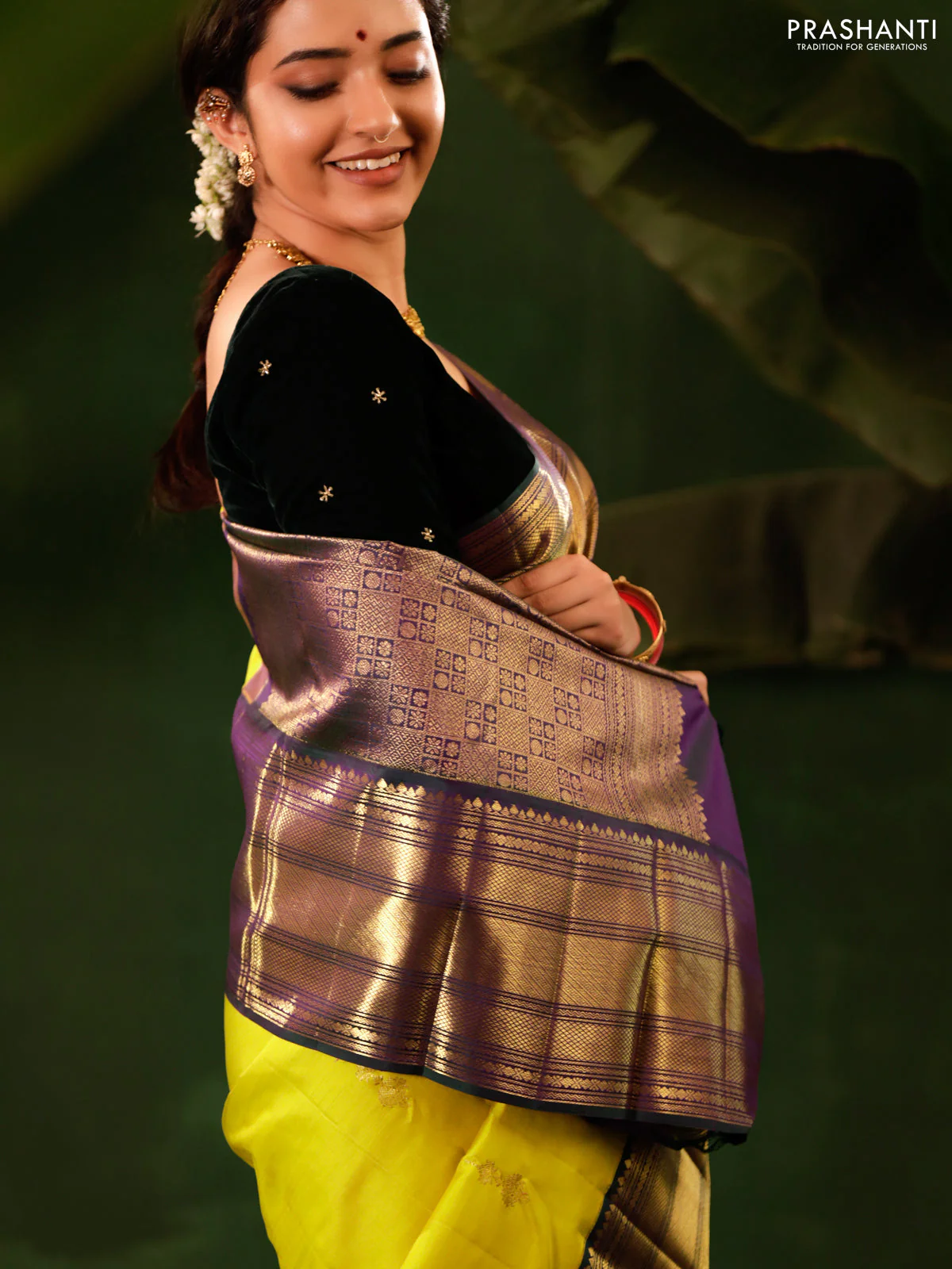 Yellow-Peacock green Pure kanchipuram silk saree With zari woven buttas - Image 2