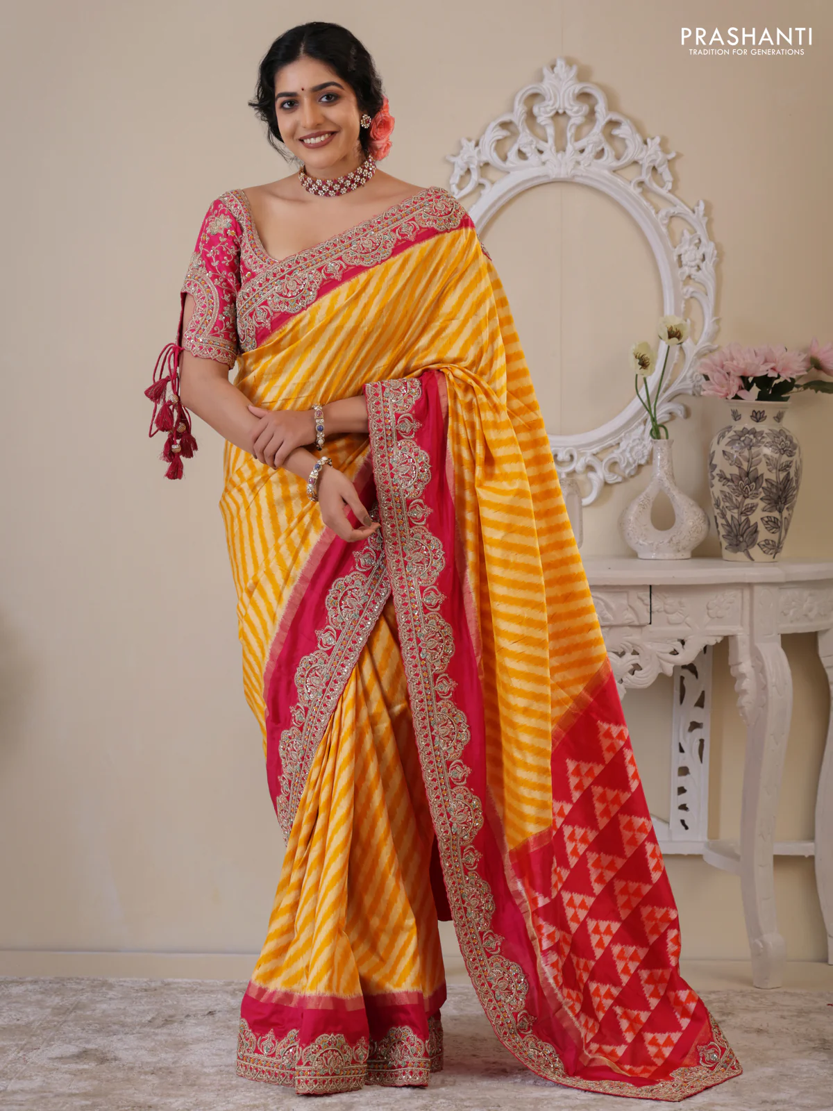 Yellow & Pink Pochampally Silk saree with Border Embroidery & Readymade Blouse - Image 2