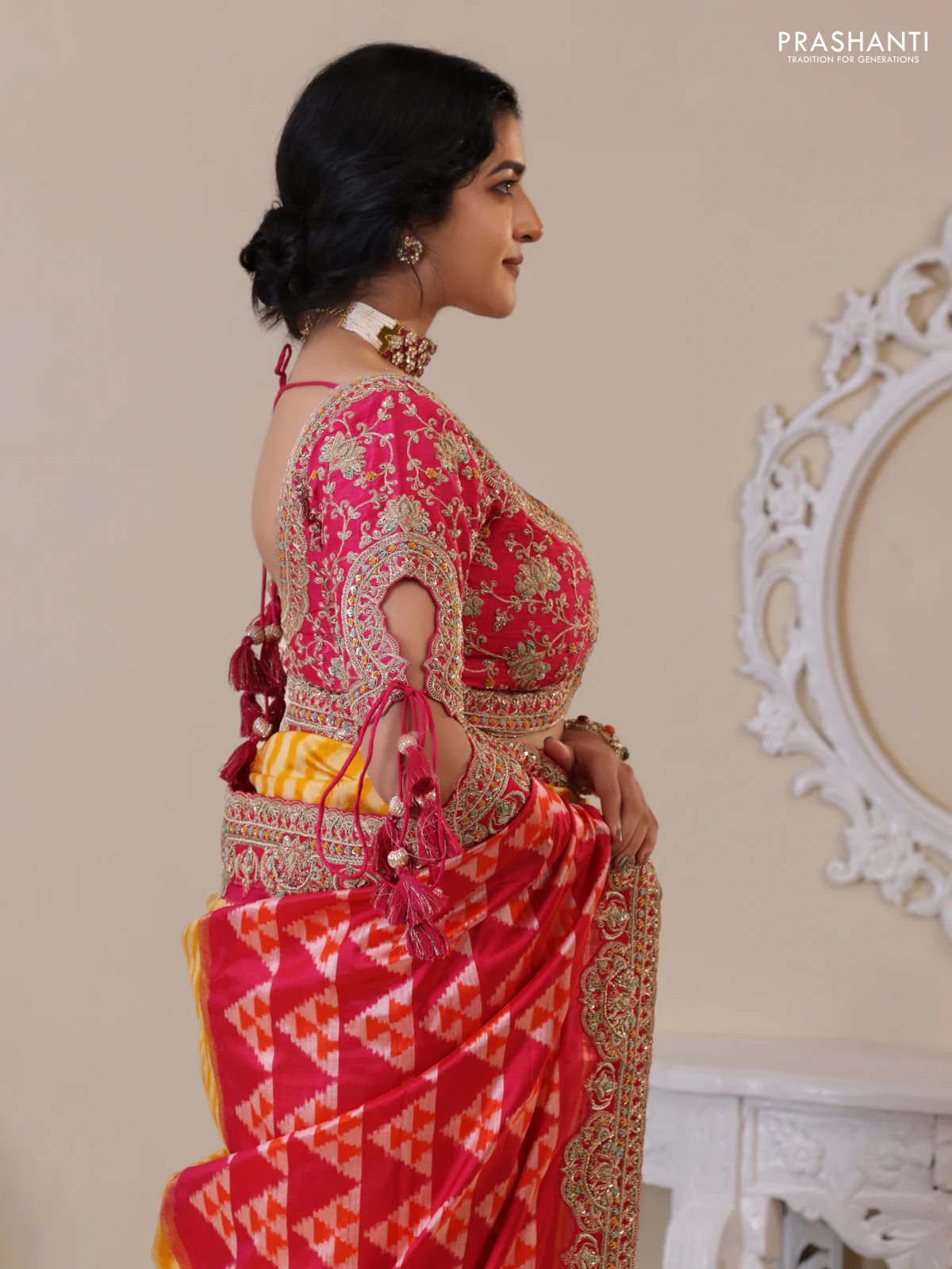 Yellow & Pink Pochampally Silk saree with Border Embroidery & Readymade Blouse - Image 3