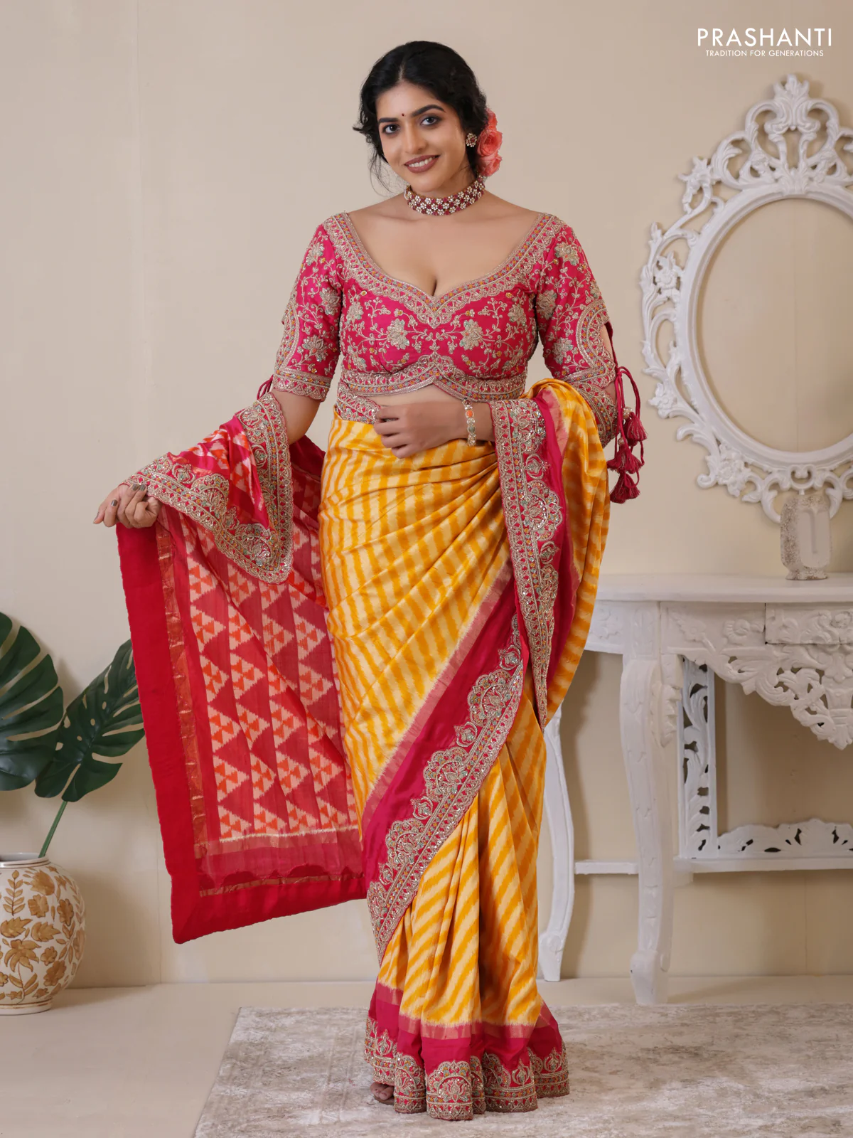Yellow & Pink Pochampally Silk saree with Border Embroidery & Readymade Blouse - Image 4