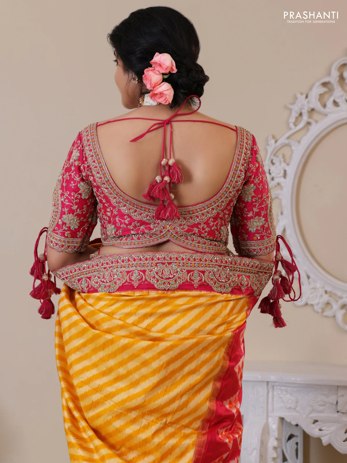 Yellow & Pink Pochampally Silk saree with Border Embroidery & Readymade Blouse - Image 5