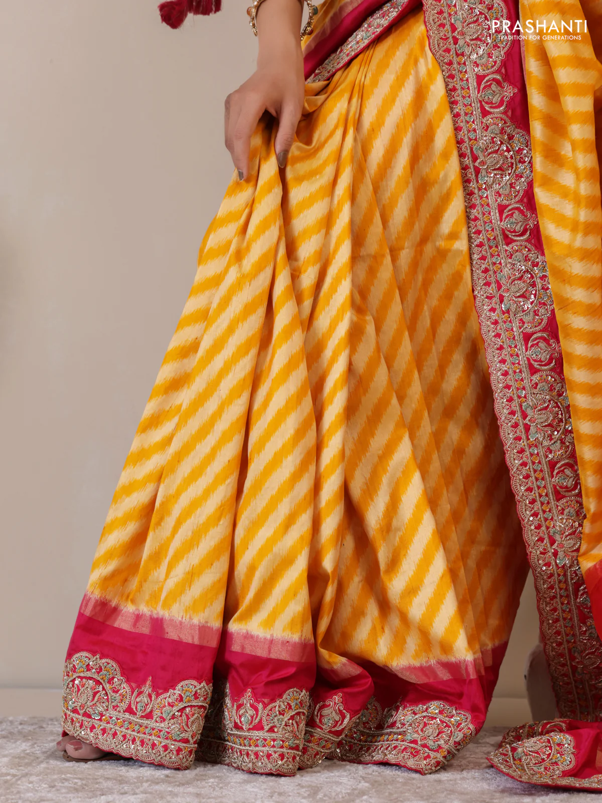 Yellow & Pink Pochampally Silk saree with Border Embroidery & Readymade Blouse - Image 6