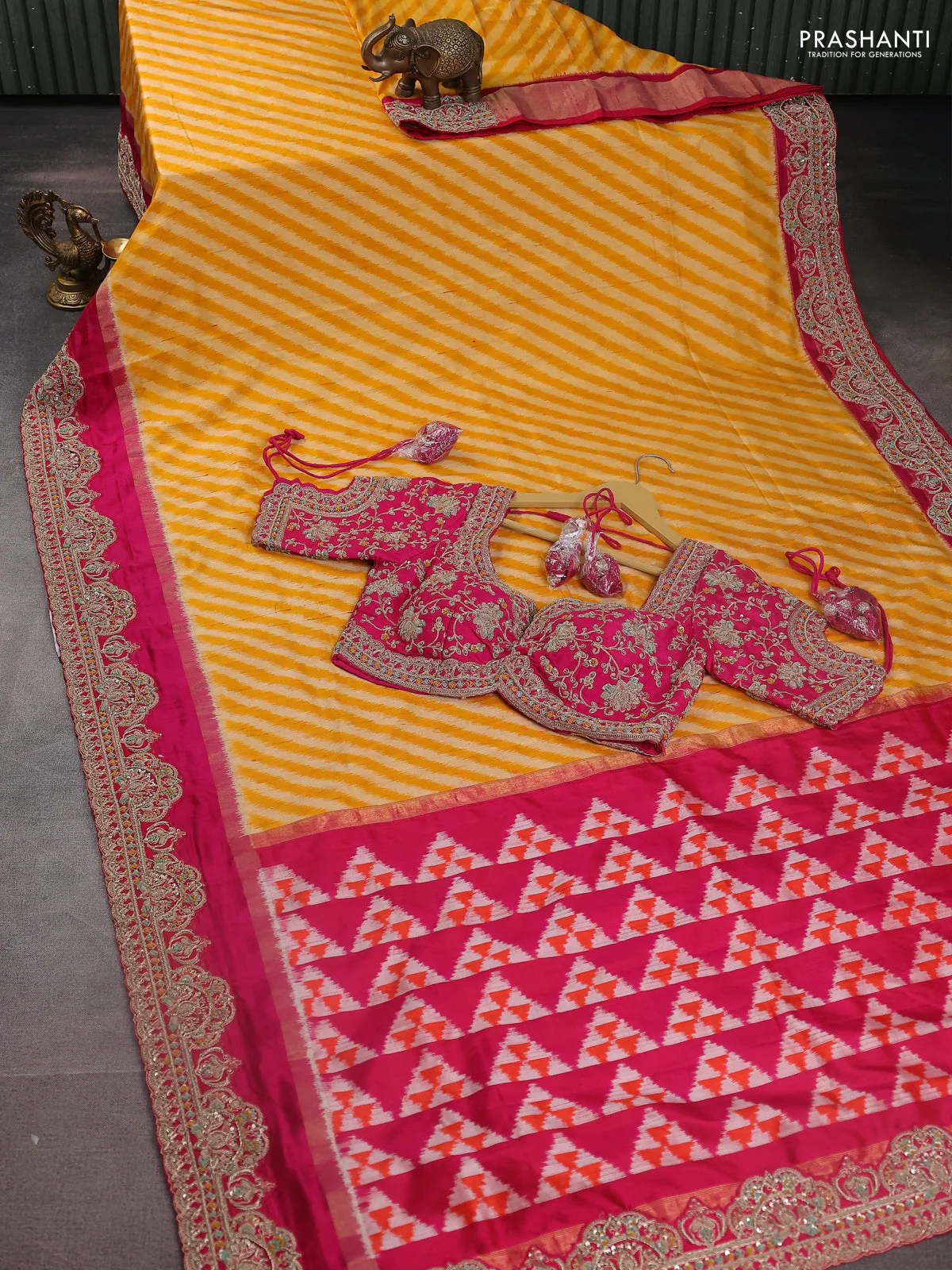 Yellow & Pink Pochampally Silk saree with Border Embroidery & Readymade Blouse - Image 7