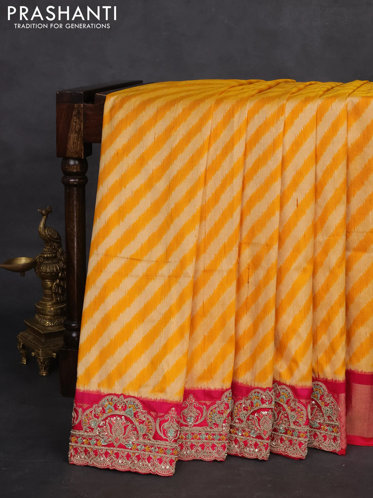 Yellow & Pink Pochampally Silk saree with Border Embroidery & Readymade Blouse - Image 8