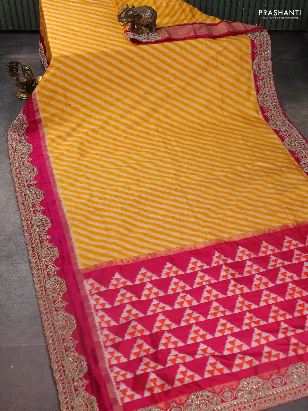 Yellow & Pink Pochampally Silk saree with Border Embroidery & Readymade Blouse - Image 9