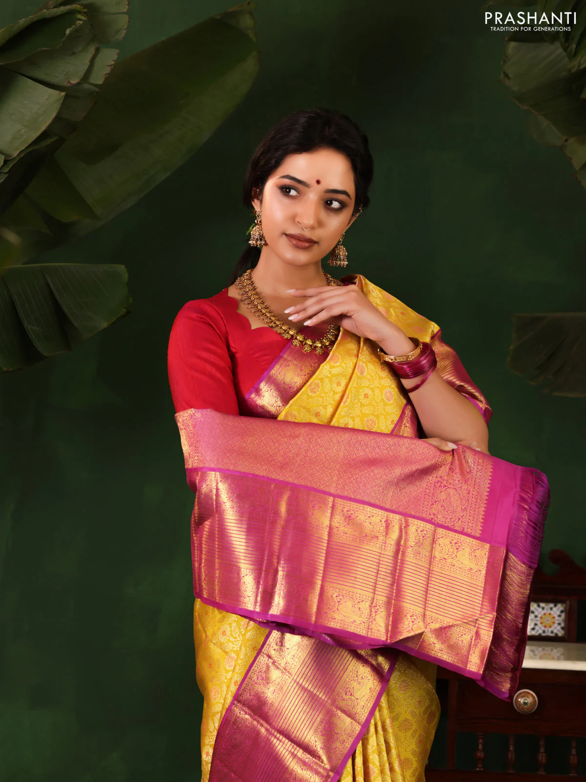 Yellow-Purple Pure Kanchipuram Silk Saree With Allover Zari woven Brocade weaves - Image 2