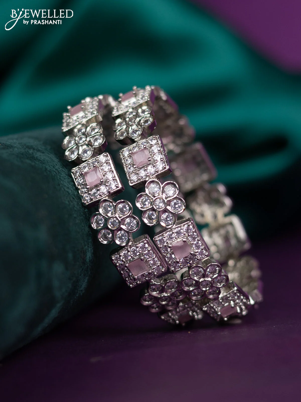 zircon bangle floral design with baby pink and cz stones