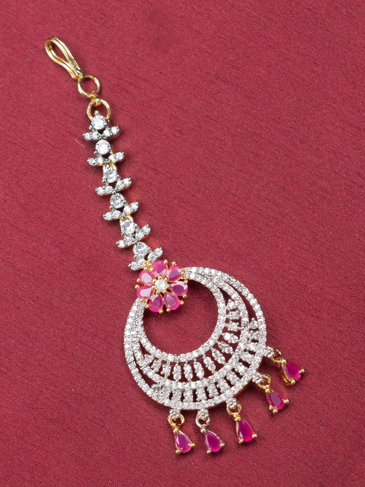 Zircon chandbali style maang tikka with ruby stone