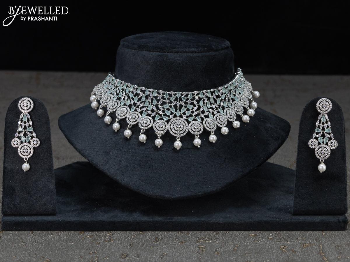Zircon choker floral design mint green and cz stones with pearl hangings