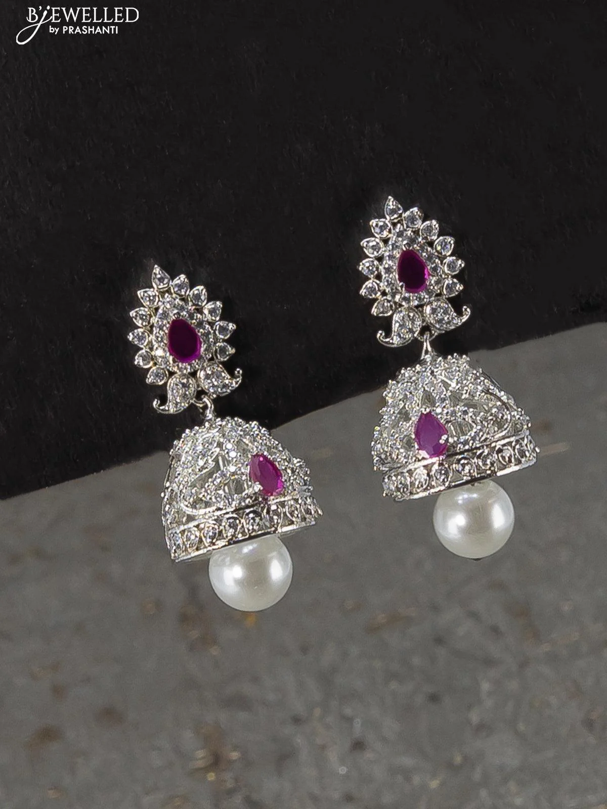 Zircon choker floral design ruby and cz stones with pearl hangings - Image 2