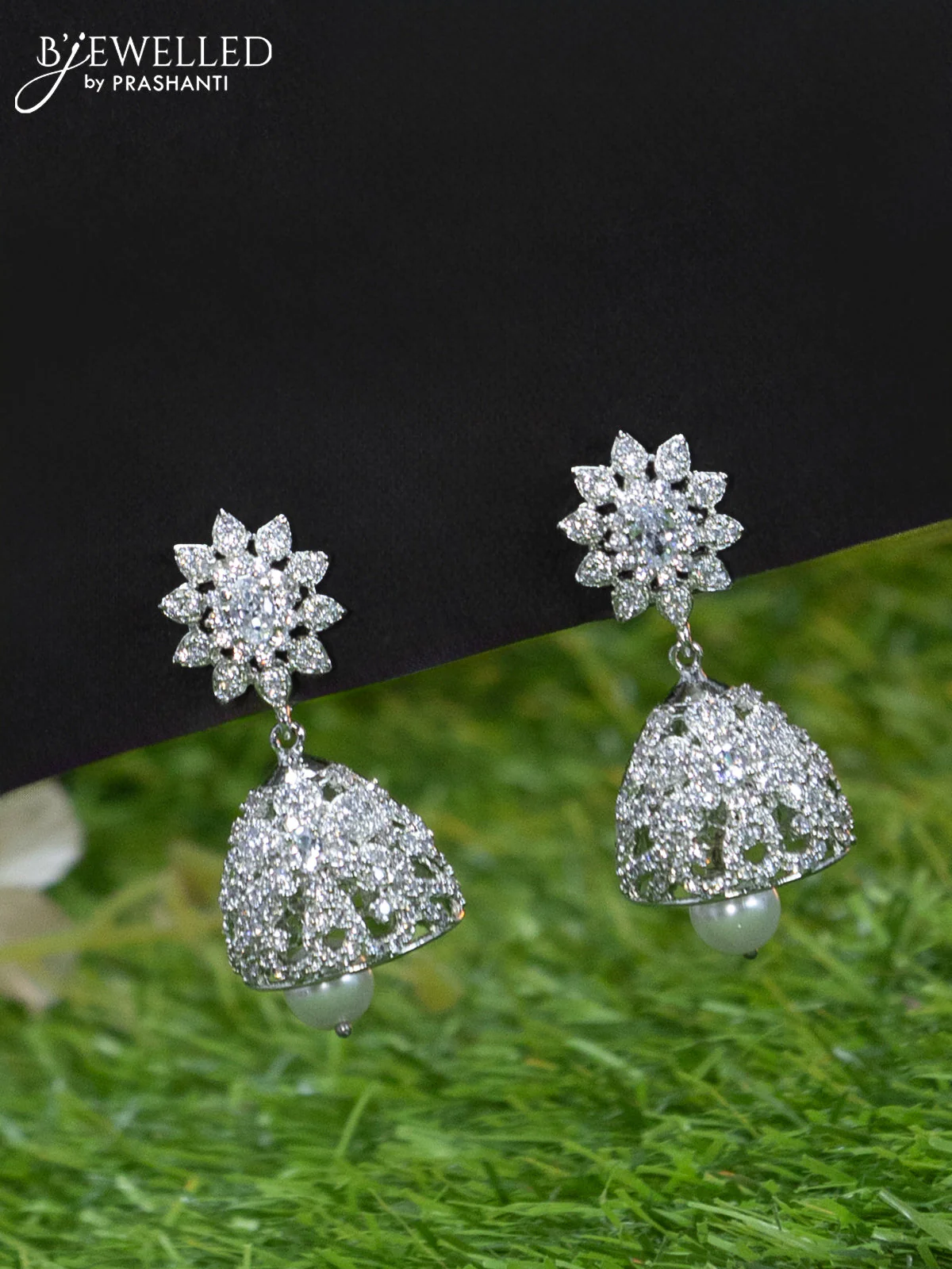 Zircon choker floral design with cz stones and pearl hangings - Image 2