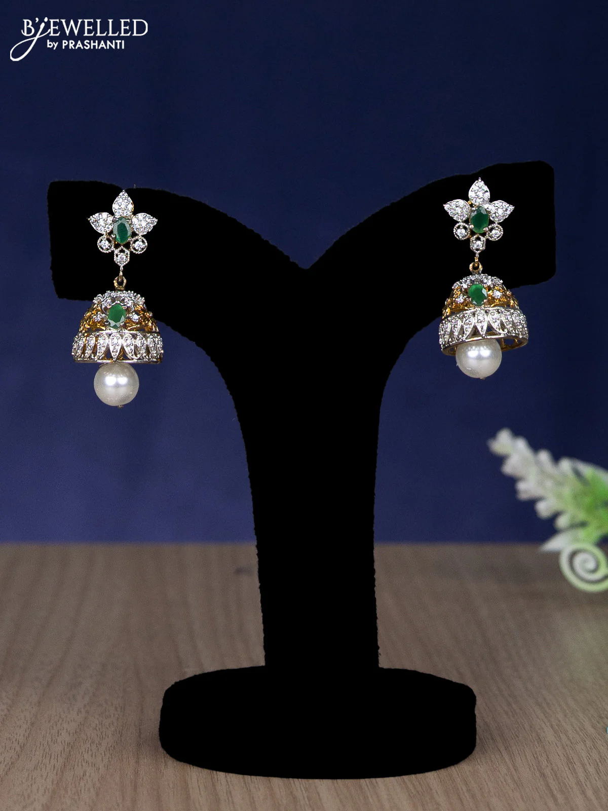 Zircon choker floral design with emerald & cz stones and pearl hangings in gold finish - Image 2