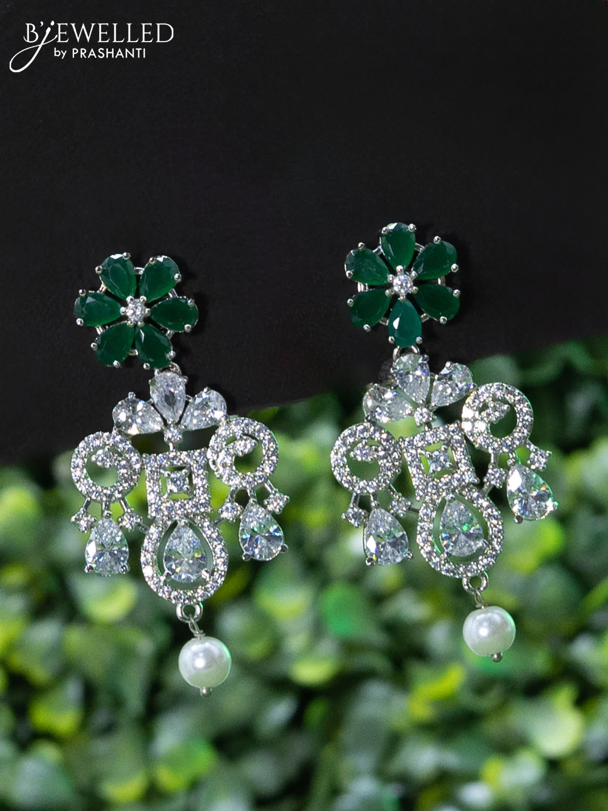 Zircon choker floral design with emerald & cz stones and pearl hangings - Image 2