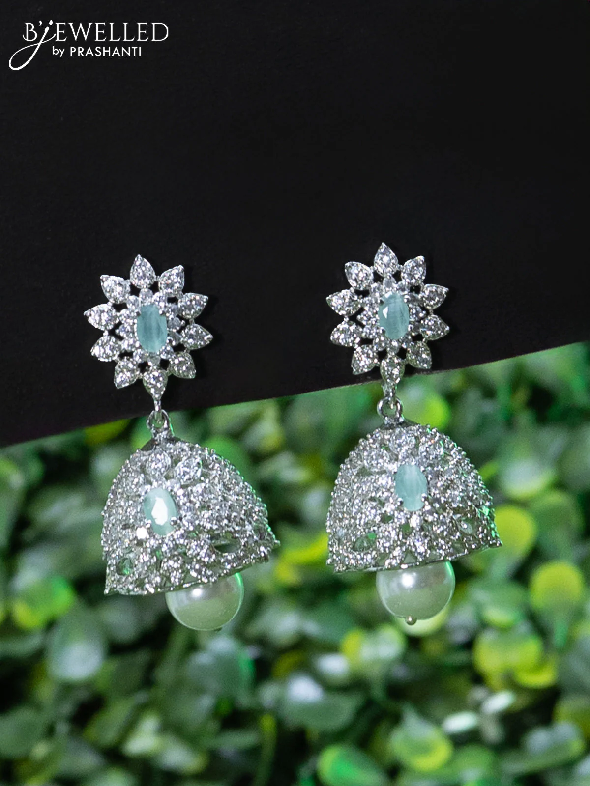 Zircon choker floral design with mint green & cz stones and pearl hangings - Image 2