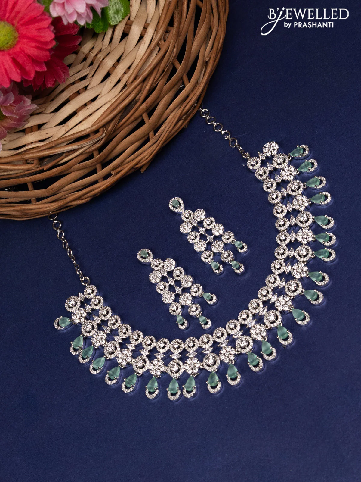 Zircon choker floral design with mint green & cz stones