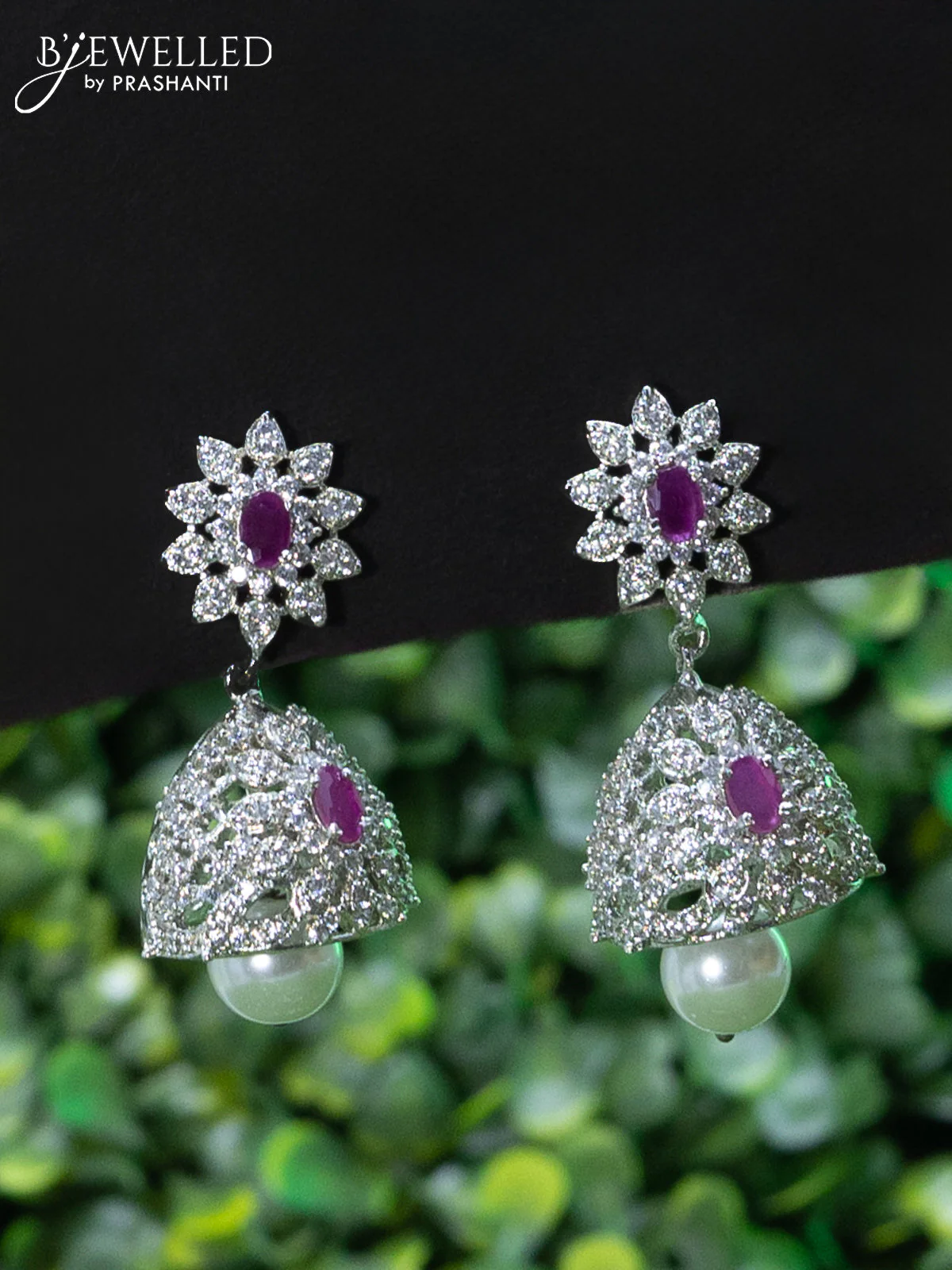 Zircon choker floral design with ruby & cz stones and pearl hangings - Image 2