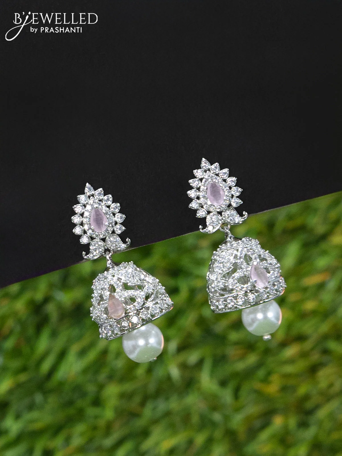 Zircon choker leaf design with baby pink & cz stones and pearl hangings - Image 2