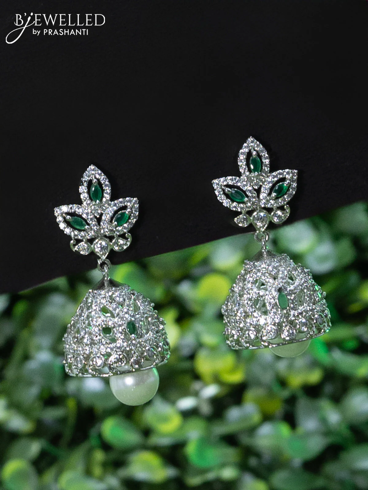 Zircon choker peacock design with emerald & cz stones and pearl hangings - Image 2