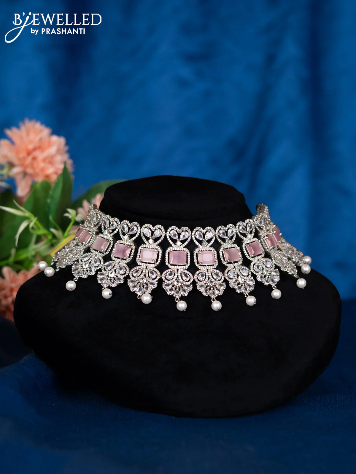 Zircon choker with baby pink & cz stones and pearl hangings - Image 2