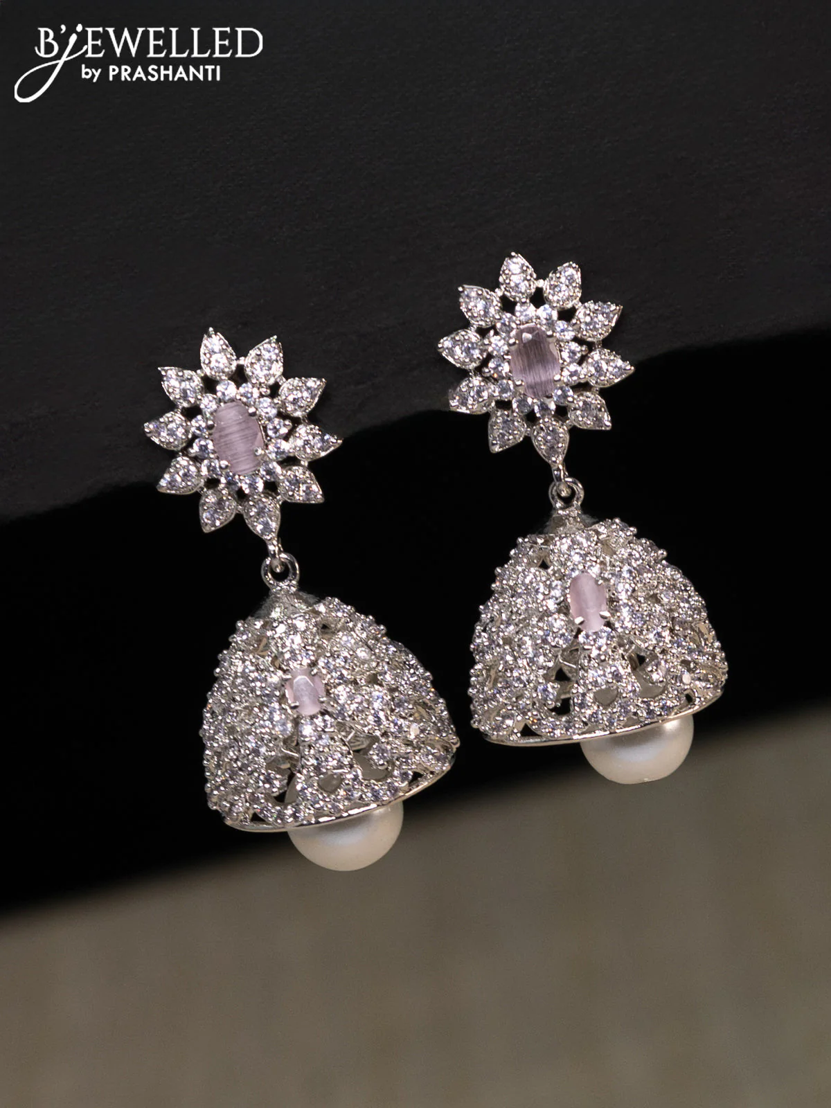 Zircon choker with baby pink & cz stones and pearl hangings - Image 2