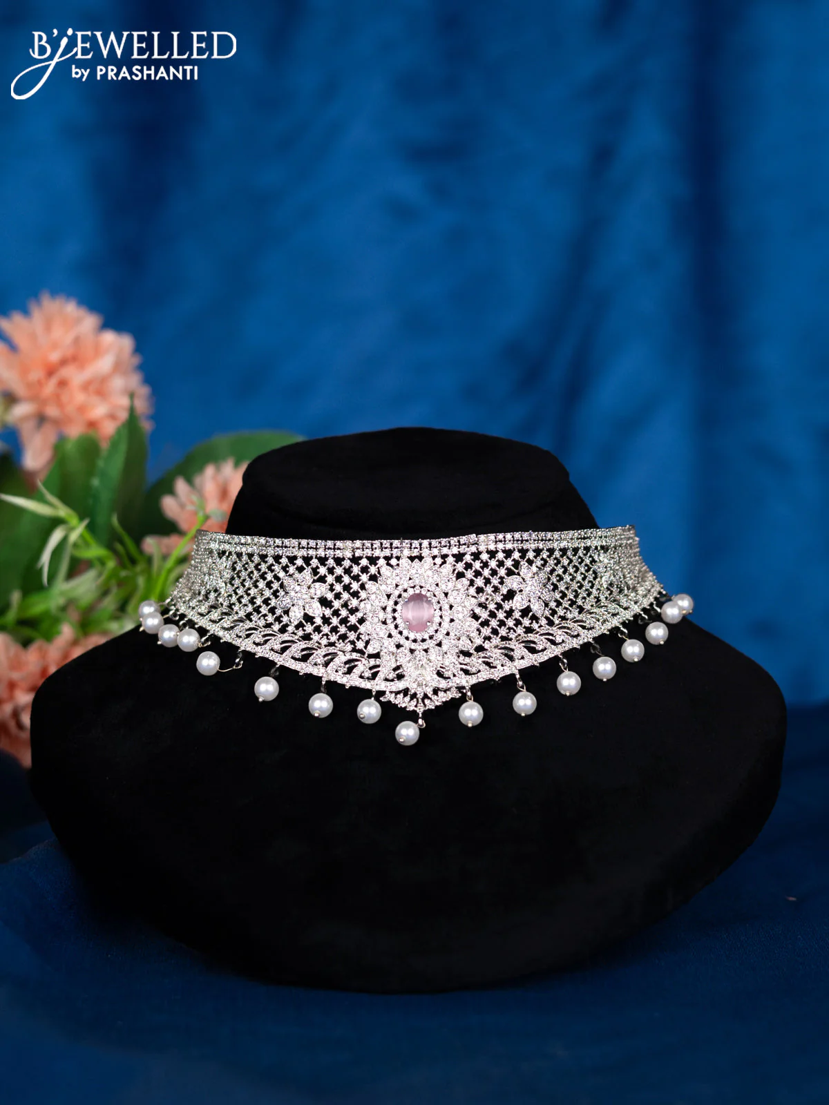 Zircon choker with baby pink & cz stones and pearl hangings - Image 2