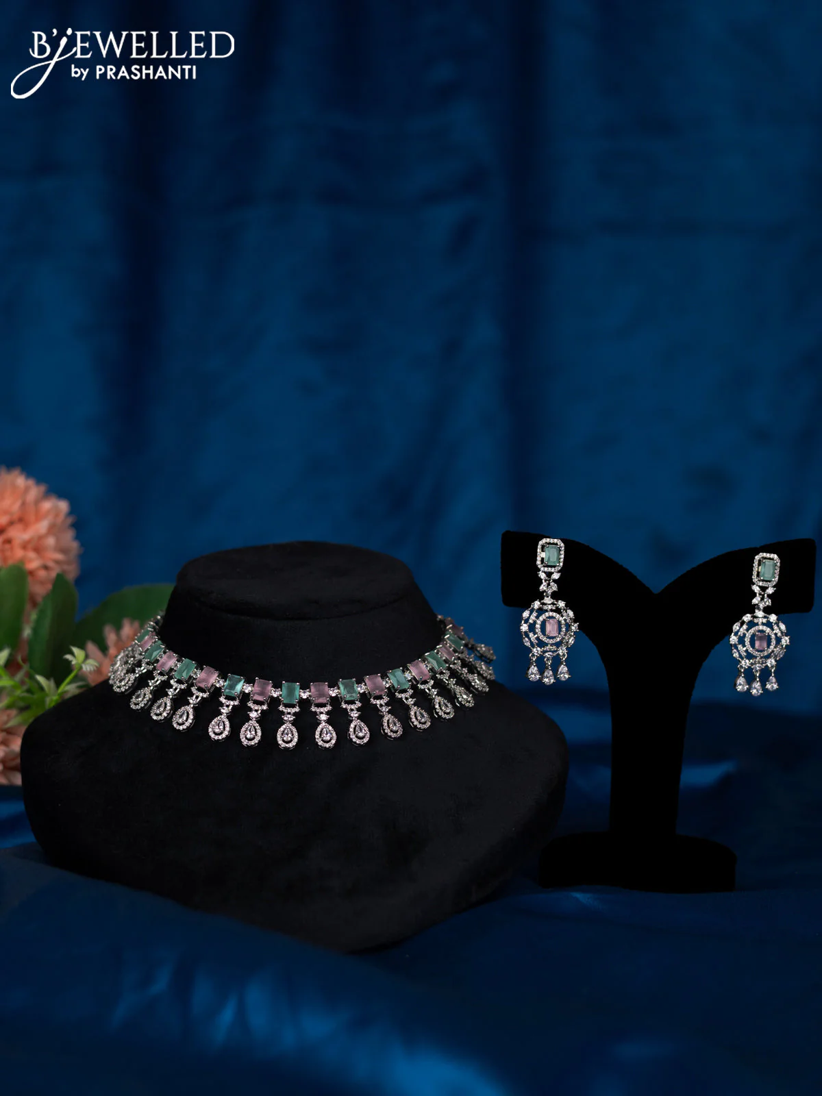 Zircon choker with baby pink & mint green and cz stones