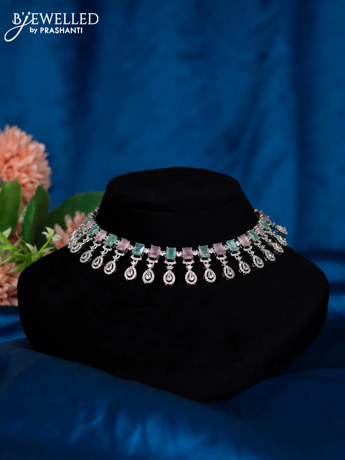 Zircon choker with baby pink & mint green and cz stones - Image 2