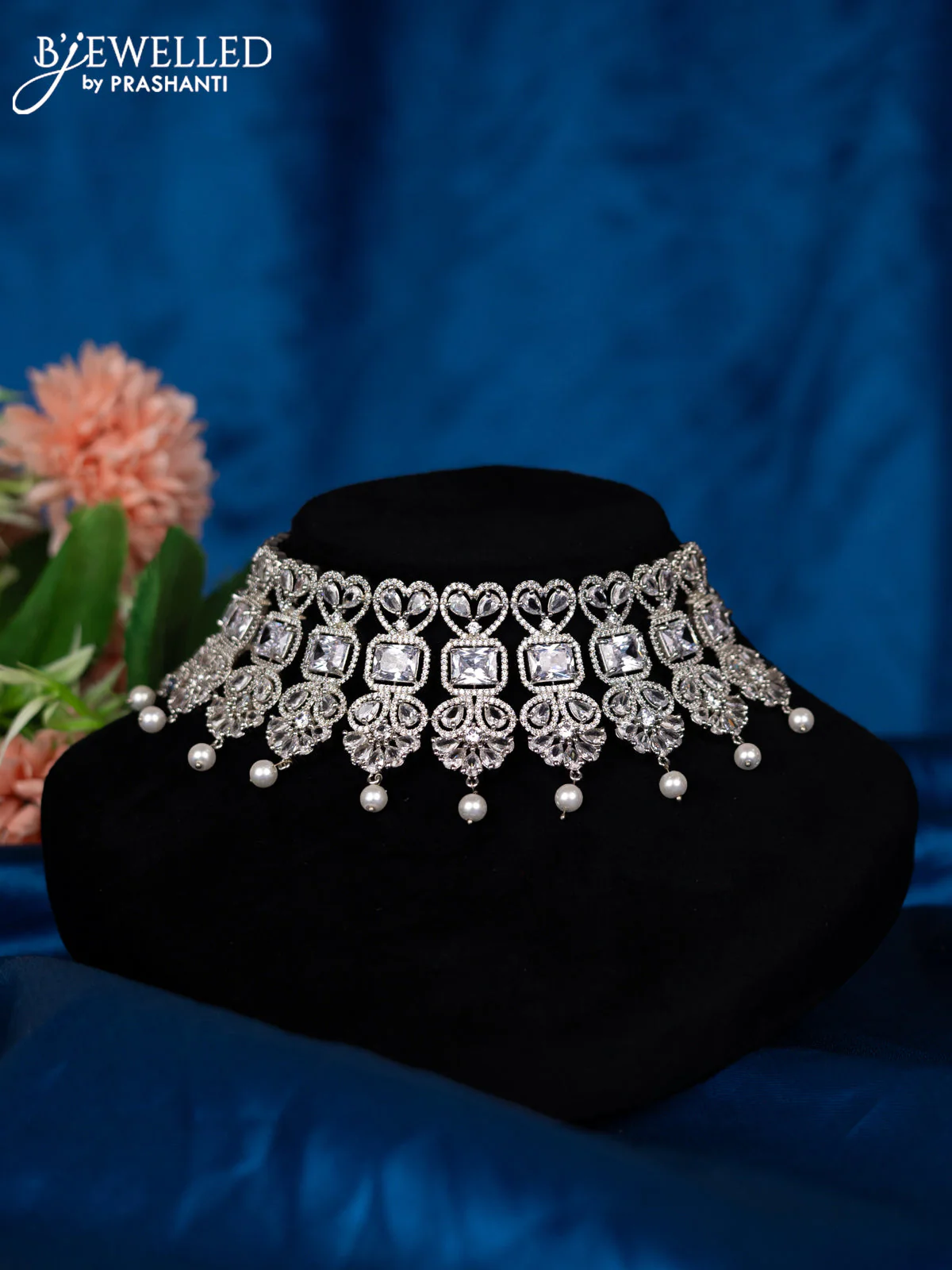 Zircon choker with cz stones and pearl hangings - Image 2