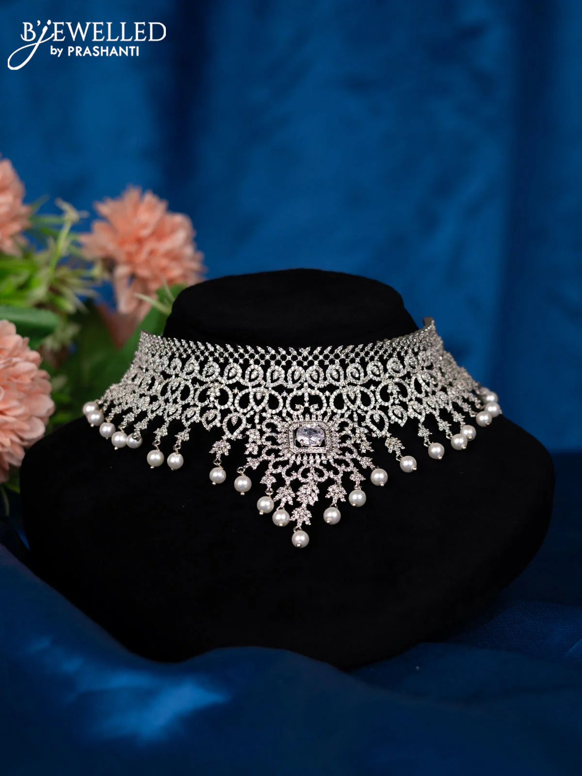 Zircon choker with cz stones and pearl hangings - Image 2