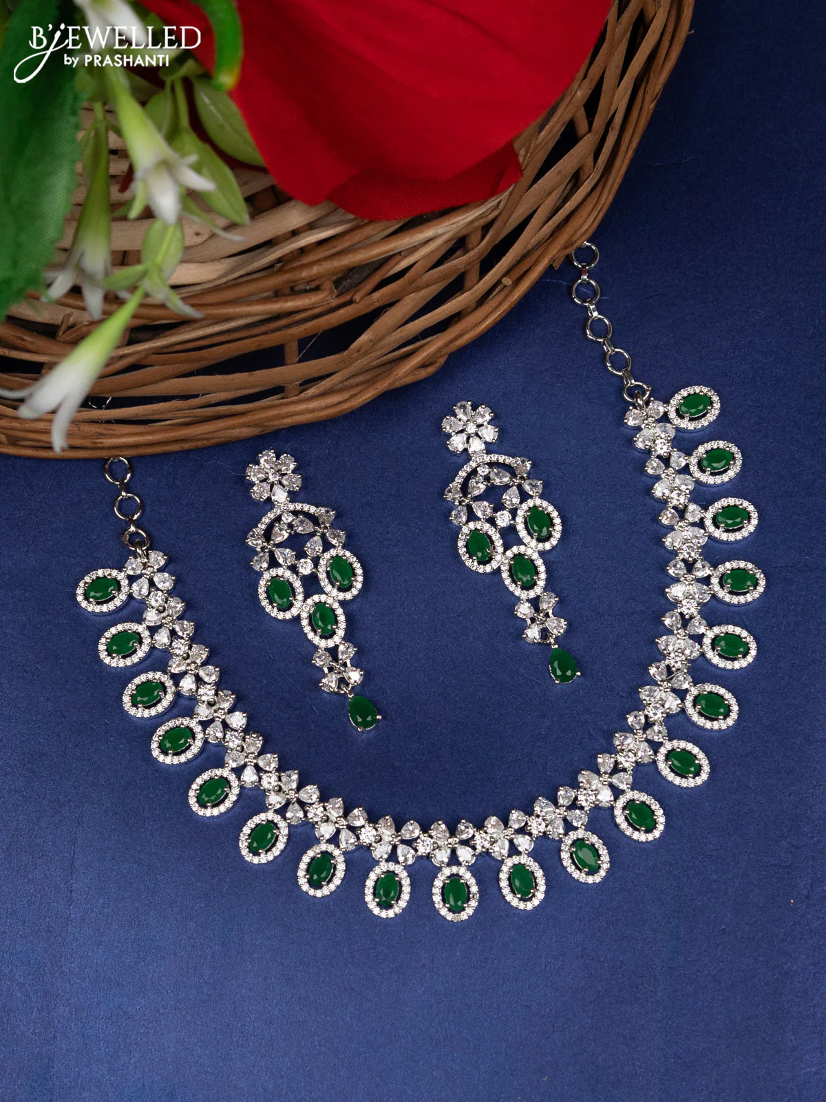 Zircon choker with emerald and cz stones