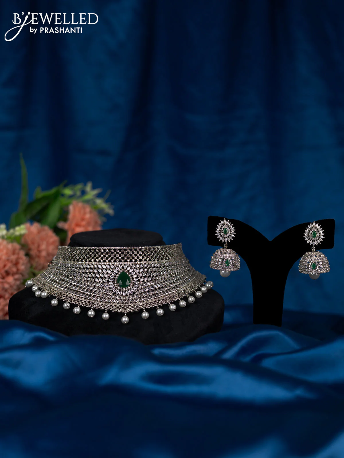 Zircon choker with emerald & cz stones and pearl hangings